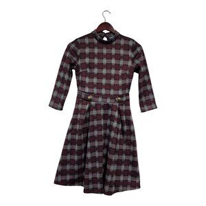 ModCloth Proudest Moments Plaid Fit And Flare Dress Maroon Gray Buttons Sz XS